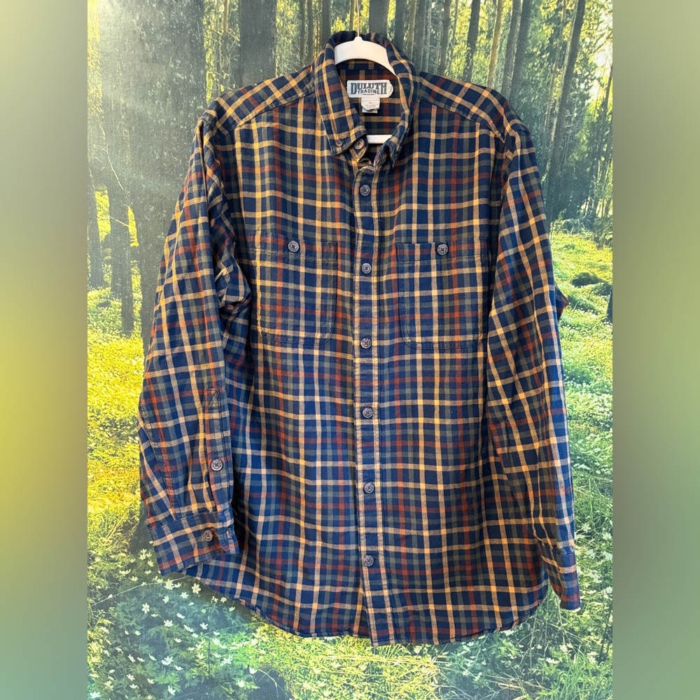 🍁 Duluth Trading Co Blue, Orange and Yellow Checkered Fall Flannel